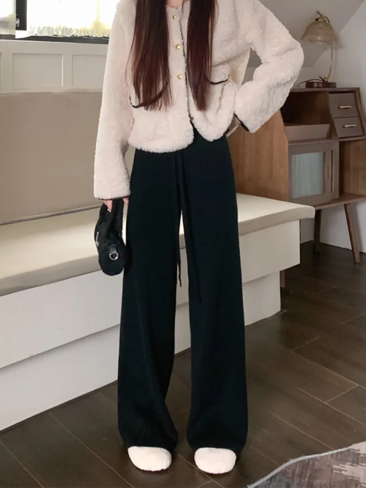 Cor sólida cordão de malha calças casuais para mulheres outono inverno cintura alta longa perna larga preto branco rosa calças soltas