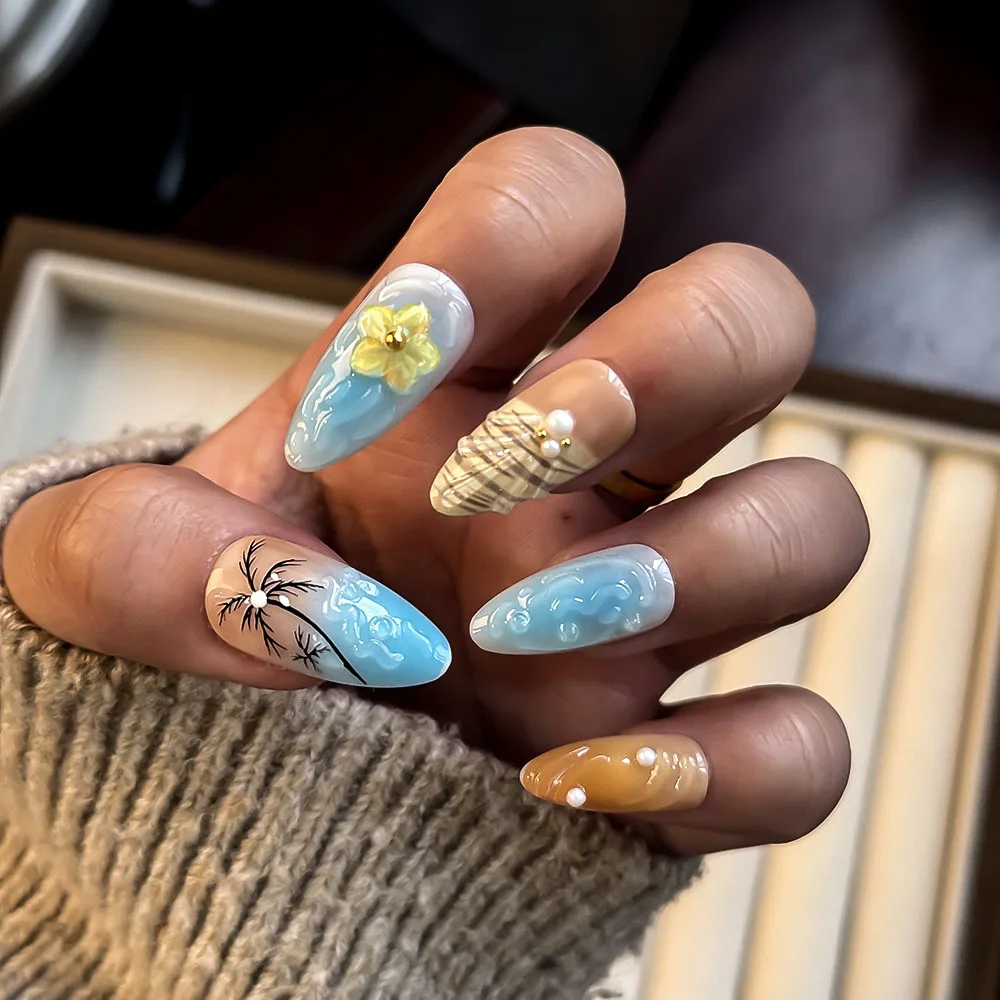 

24PCS Blue Sea Almond Press on Nails 3D Flower Shell Palm Tree Wave Pearl Decor Sweet Summer Beach Style Reusable False Nails 네일