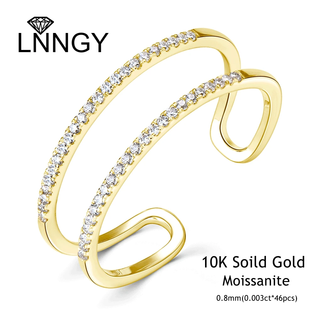 Lnngy 10K Solid Gold Double Layer Adjustable Ring for Women AU417 Pure Gold 0.8mm Round Cut Moissanite Opening Rings Jewelry