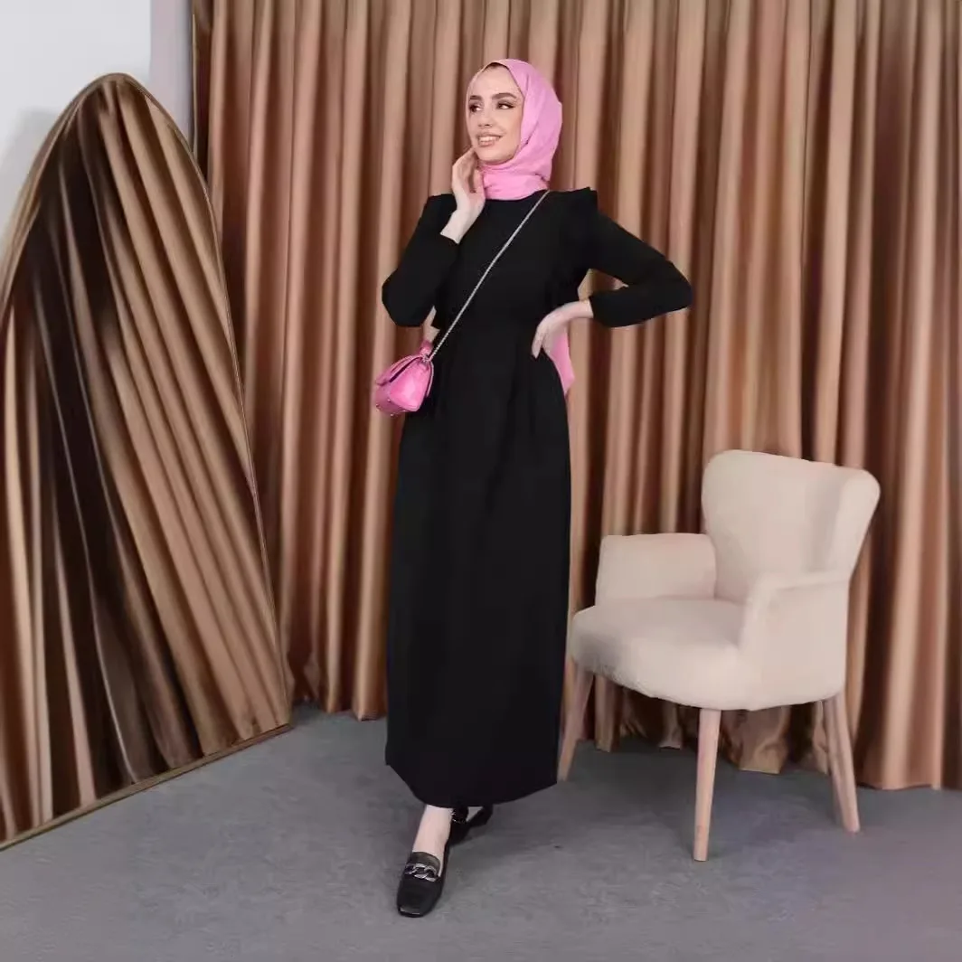 Monochrome Muslim Dress with Lotus Leaf Sleeves for Women, Luxury and Fashionable, Elegant and Luxury, Spring and Autumn, New