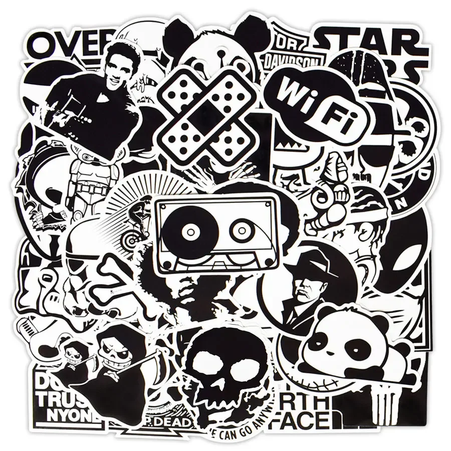 50 PCS Black and White Cool Stickers JDM Graffiti Funny Anime Stickers for Adult DIY Car Guitar Skateboard Laptop Suitcase Bike