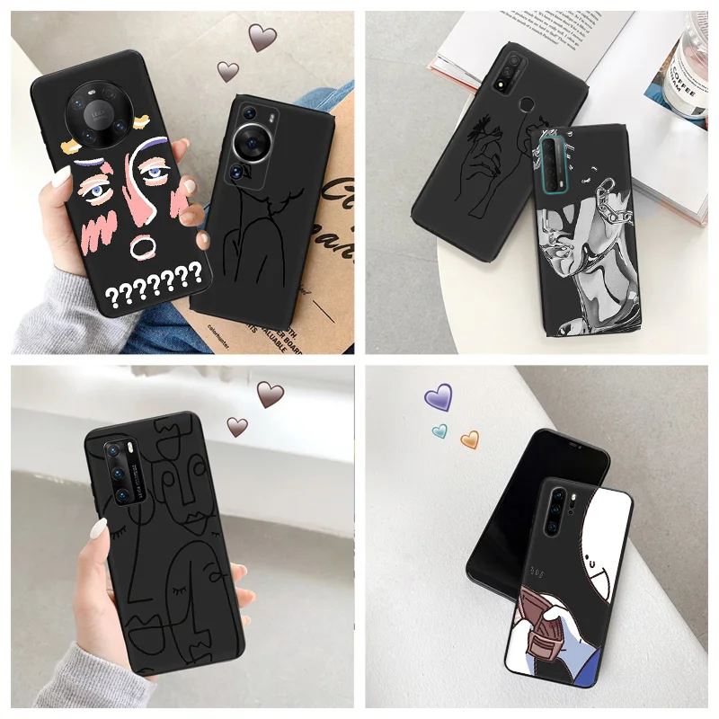 Silicone Black Phone Case for Motorola G200 5G G30 G31 One Fusion Cute Face Line Art Huawei P40 P30 P20 P Smart iphone6 Cover