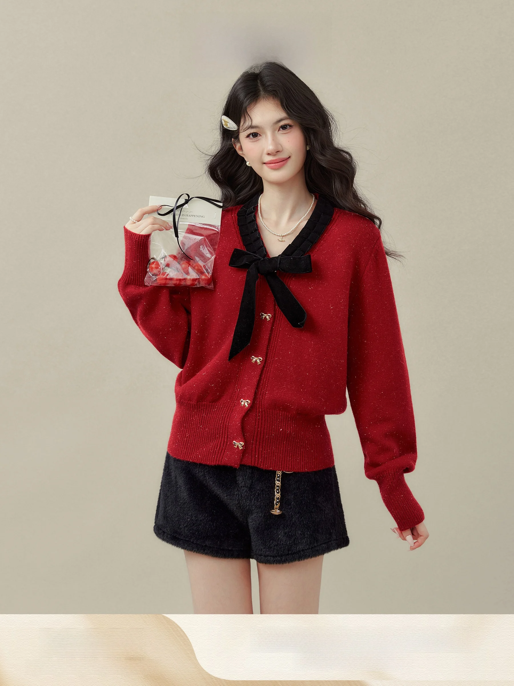 

Red Velvet Knot V-Ne Sweater Coat Women's Autumn Winter Open Cardigan Casual Sle Slim Fit Long Sve Girls