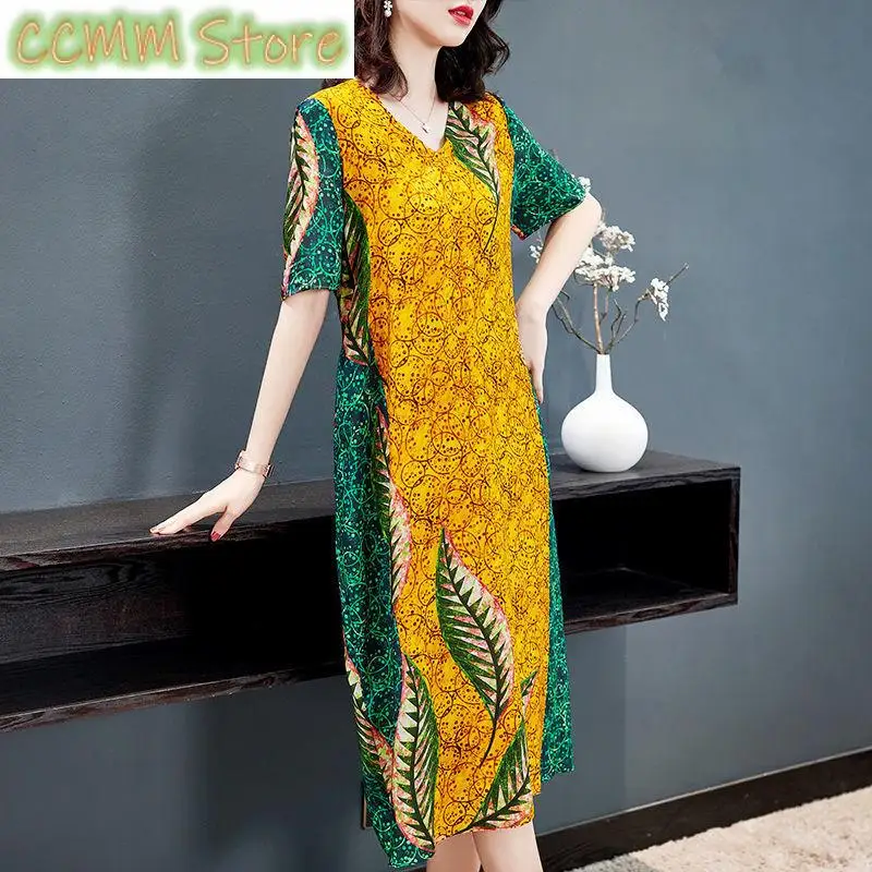 

Fashion Plant Printed Vintage Midi Dress Elegant V-Neck Women's Clothing Short Sleeve Contrasting Colors Summer A-Line Dresses