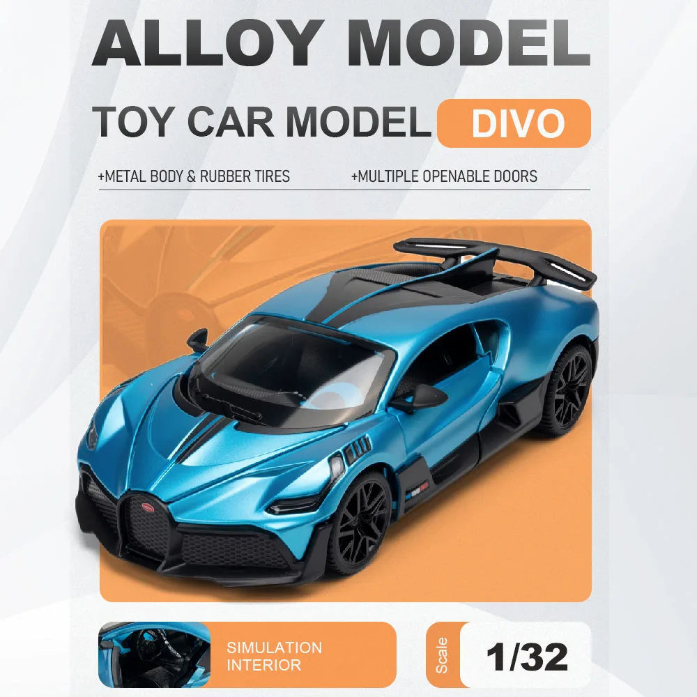 

1:32 Scale Divo Sports Car Toy Model Metal Body Rubber Tires Doors Opened Vehicles Collectible Texture Models Interactive Toys
