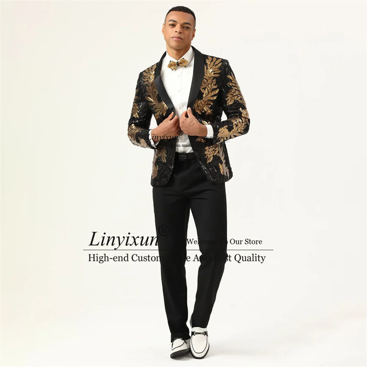 

Glitter Sequin Wedding Groom Tuxedos Gold Appliques Men Suits 2 Pieces Sets Dinner Party Male Prom Blazers Slim Coustome Homme