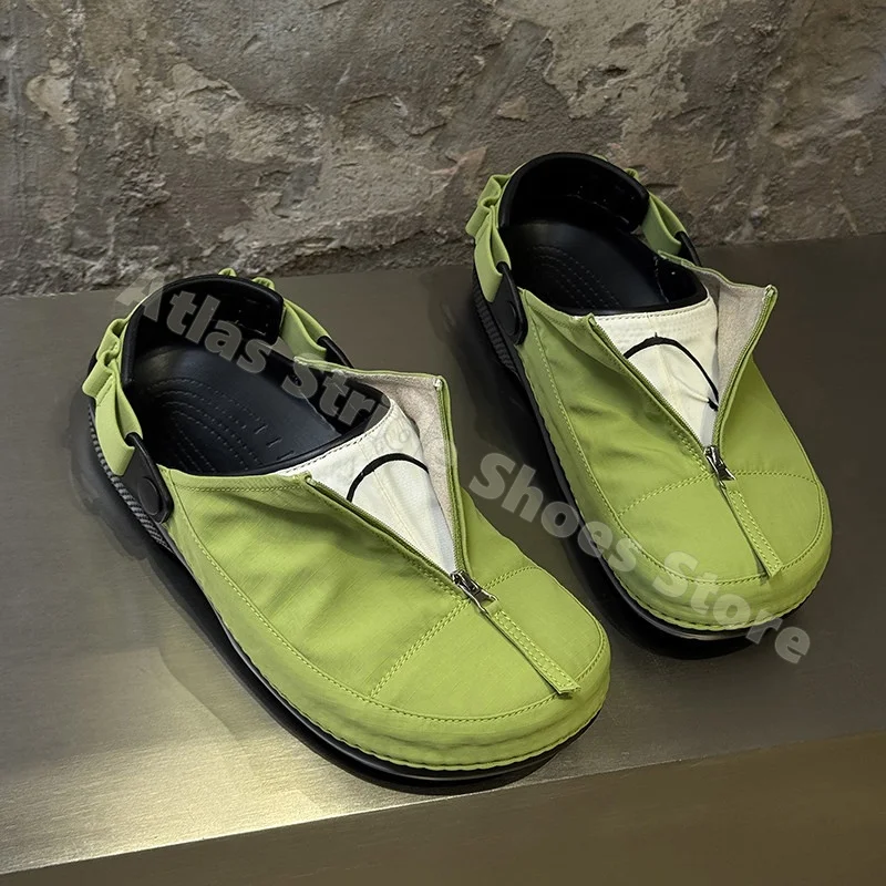 Unisex Dark Fabric Clog Sandals Zipper Closure Heel Strap Lightweight Anti-Skid Breathable Quick-Dry Casual Daily Outdoor Shoes