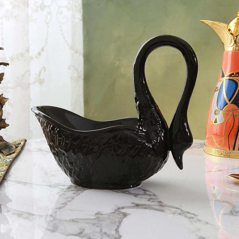 European style craftsmanship, black glaze, solid color ceramic, swan shaped fruit dish, villa, club, inn, creative layout 3