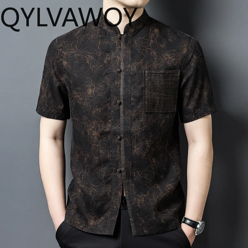 QYLVAWOY 100% Mulberry Silk Men's Shirts Frog Button Shirt Summer Tops Shirts for Man Stand Collar Thin Ropa Hombre Short Sleeve