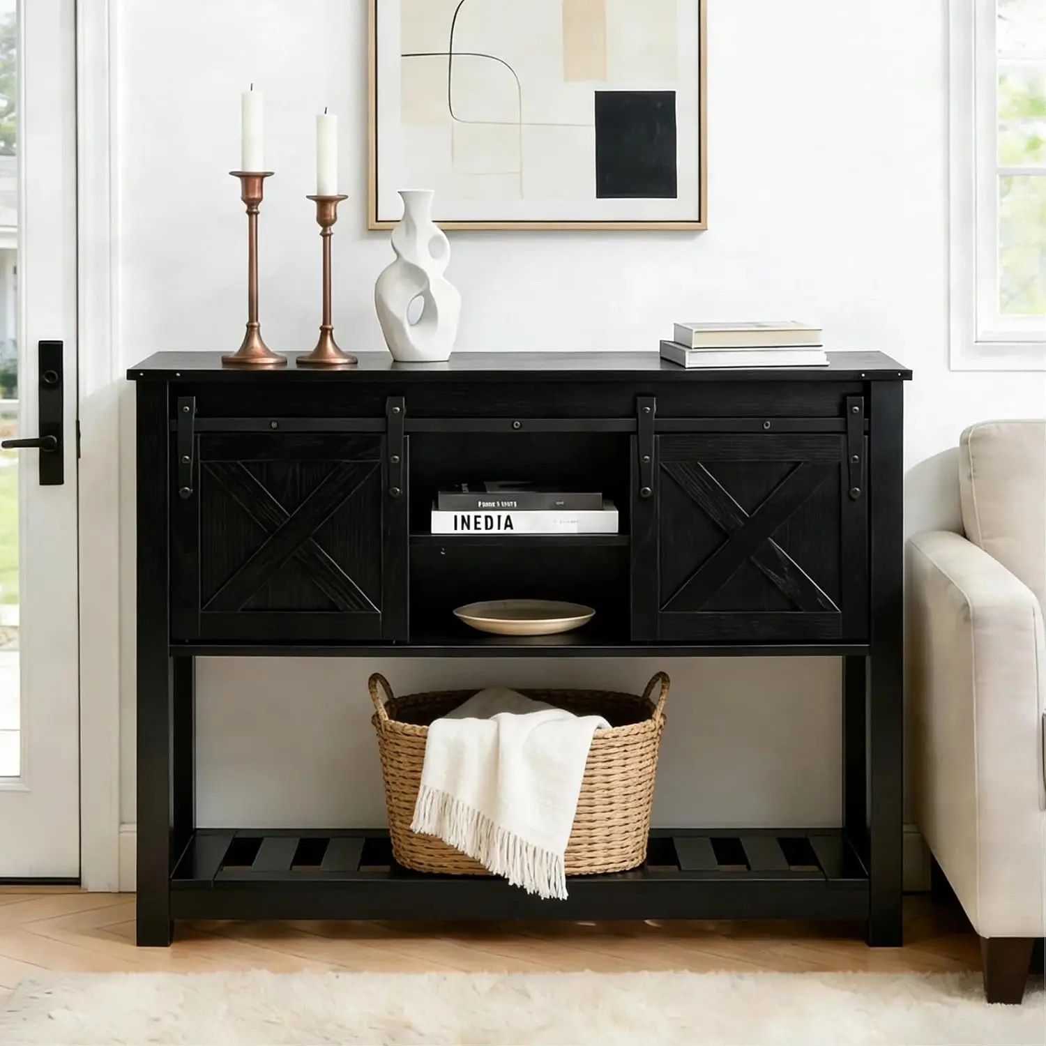 Entryway Table with Storage, Farmhouse Buffet Cabinet Coffee Bar Kitchen Island with Sliding Barn Doors & Shelves,, Customized