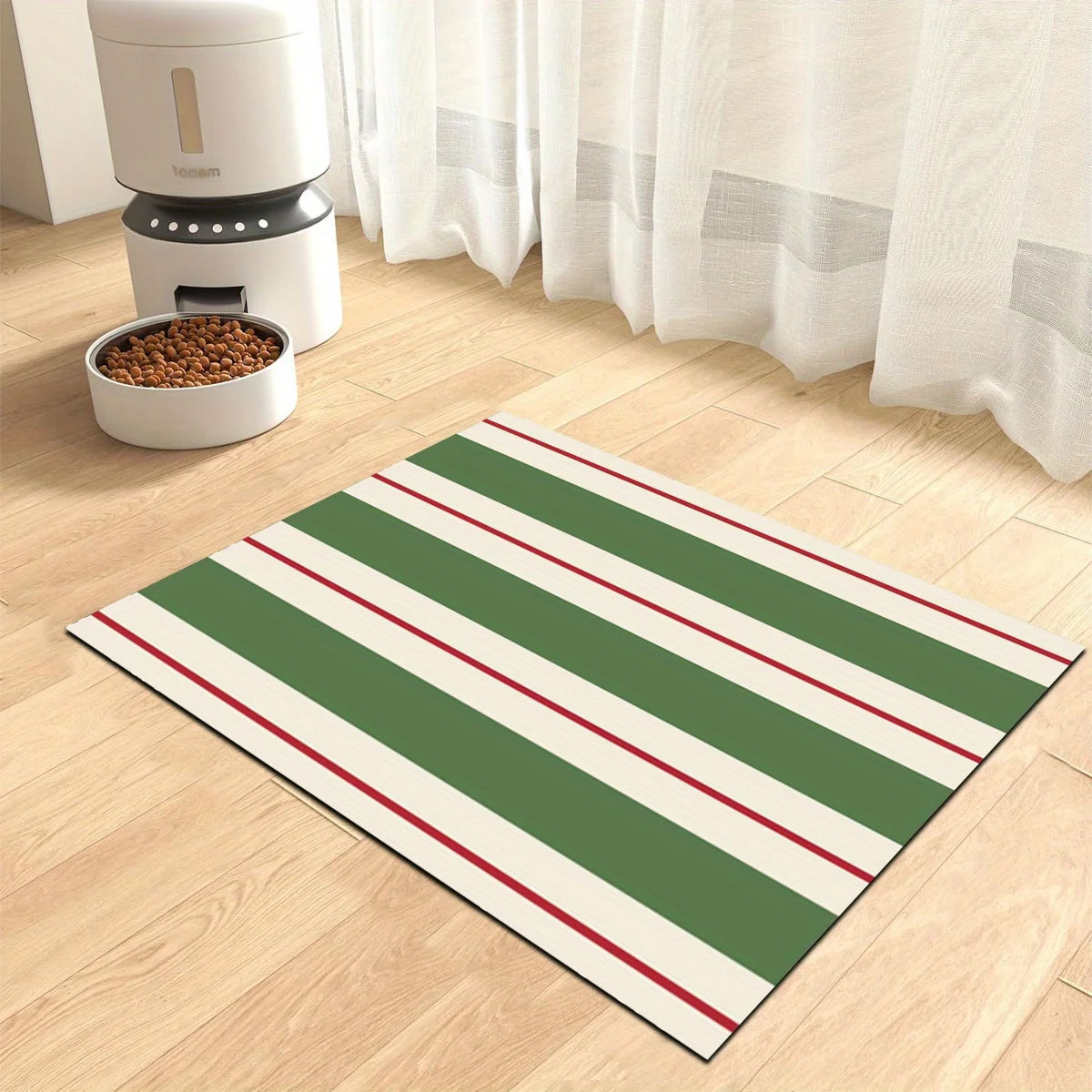 1pc Thick Leather Green and Red Striped Pet Feeding Mat, Polyester Pet Feeding Mat Non-Slip Quick-Dry Absorbent Tablecloth