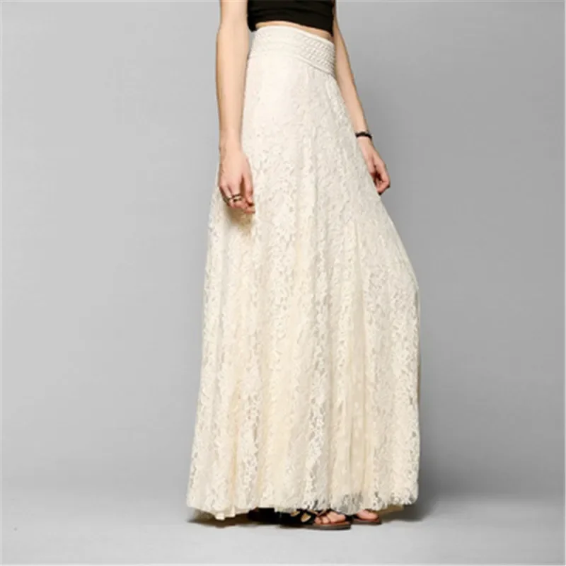 2024 Women Double Lace Layer Chiffon Pleated Long Maxi Skirt Elastic Waist Floral Ankle-Length long skirt streetwear PZ1585