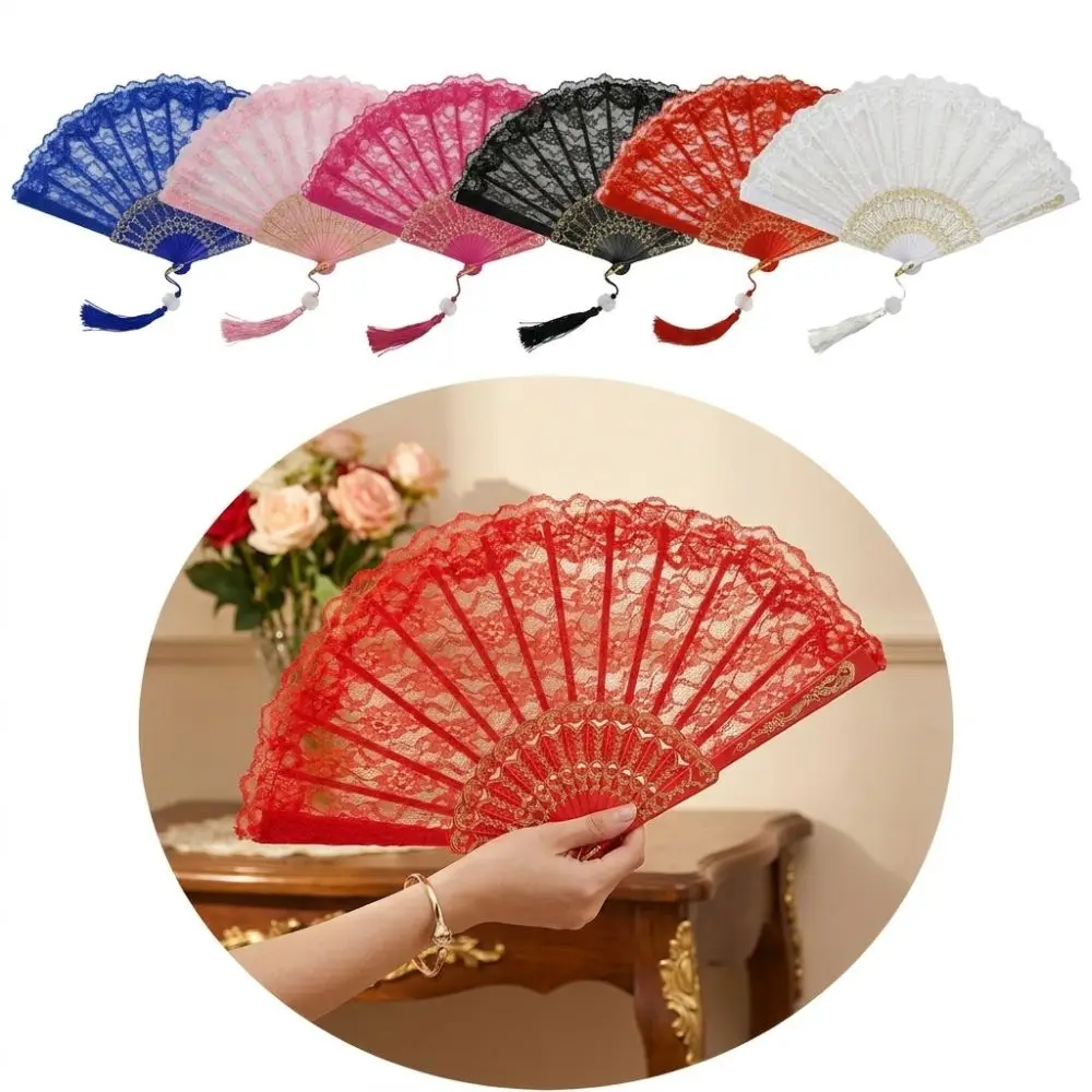 Elegant with Tassel Vintage Lace Folding Fan Flower Carving Hot Stamping Chinese Style Fan Dance Hand Fan Home Decoration