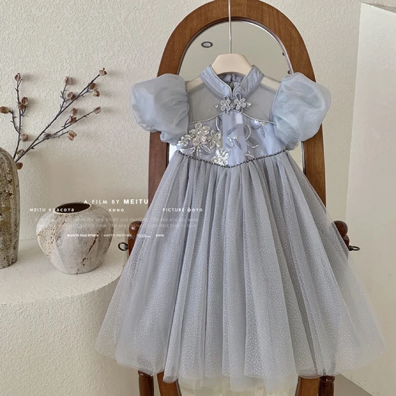 

Girls' Dress2024Summer New High-End Children's Mesh Princess Dress Birthday Dress National Style Puff Sleeve