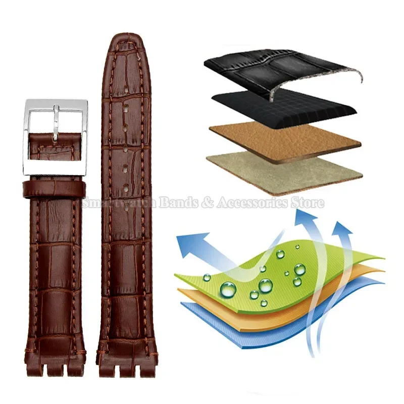 Genuine Leather Strap 17mm 19mm for Swatch Series Waterproof Sport Wrist Band Cowhide Watch Band Metal Pin Calsp Strap Accessory