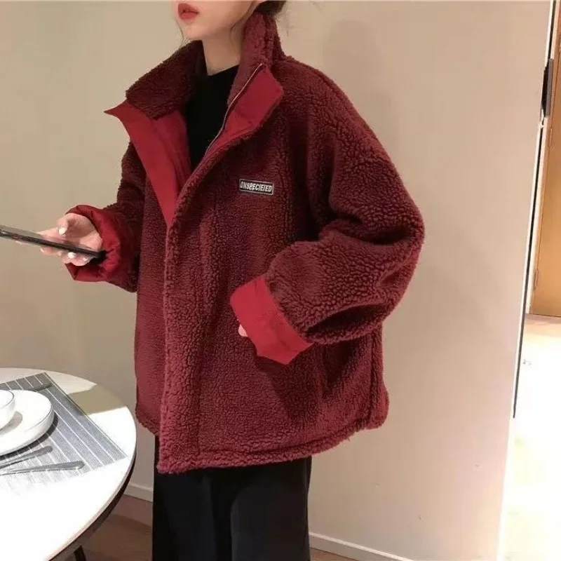 Women's Reversible Coat Autumn Winter Lambswool Jacket Student Top Double-sided Stand-up Collar Coat Thicken Cotton Coat