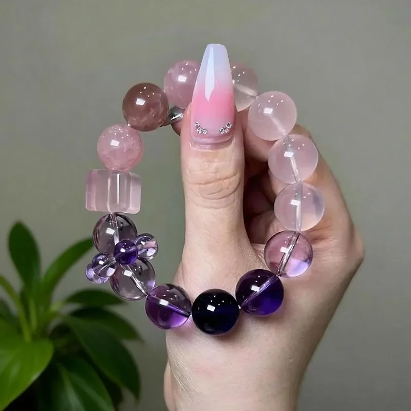 Natural amethyst gradual change powder crystal transparent white crystal bracelet light luxury design sense niche beaded