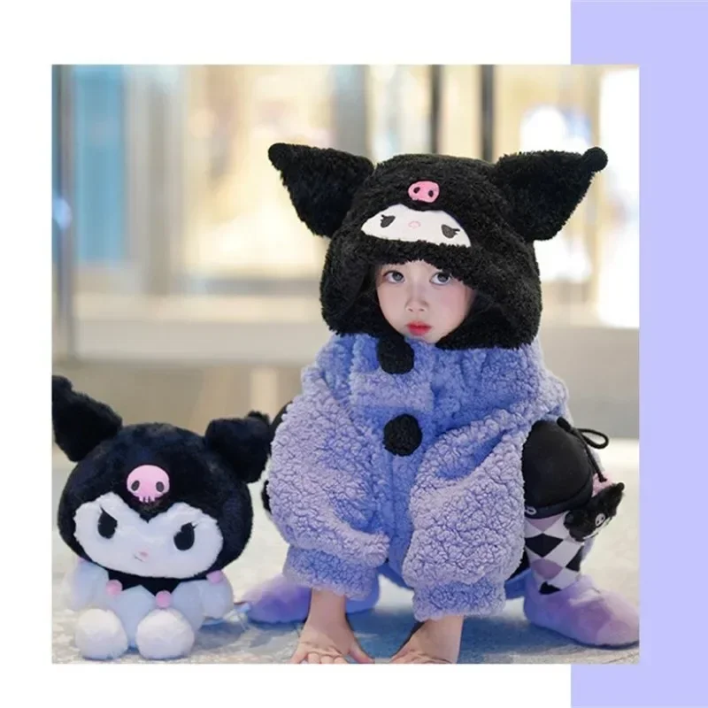 Casaco com capuz de manga comprida infantil, casaco quente, Kuromi Anime, Kawaii, desenhos animados fofos, roupas infantis, Sanrio Ins, inverno, presentes