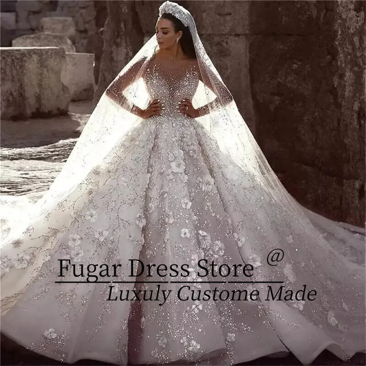 Luxury Beaded Lace Applique Wedding Dresses High-end V-neck Sweep Train Long Sleeve Bridal Gowns vestidos novias boda