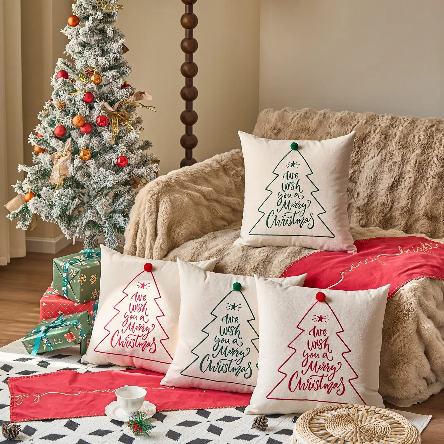 2024 Christmas Embroidered Pillow Cover Line Christmas Tree Patchwork Embroidered Cushion Cover Festival Joyful Pillow Case