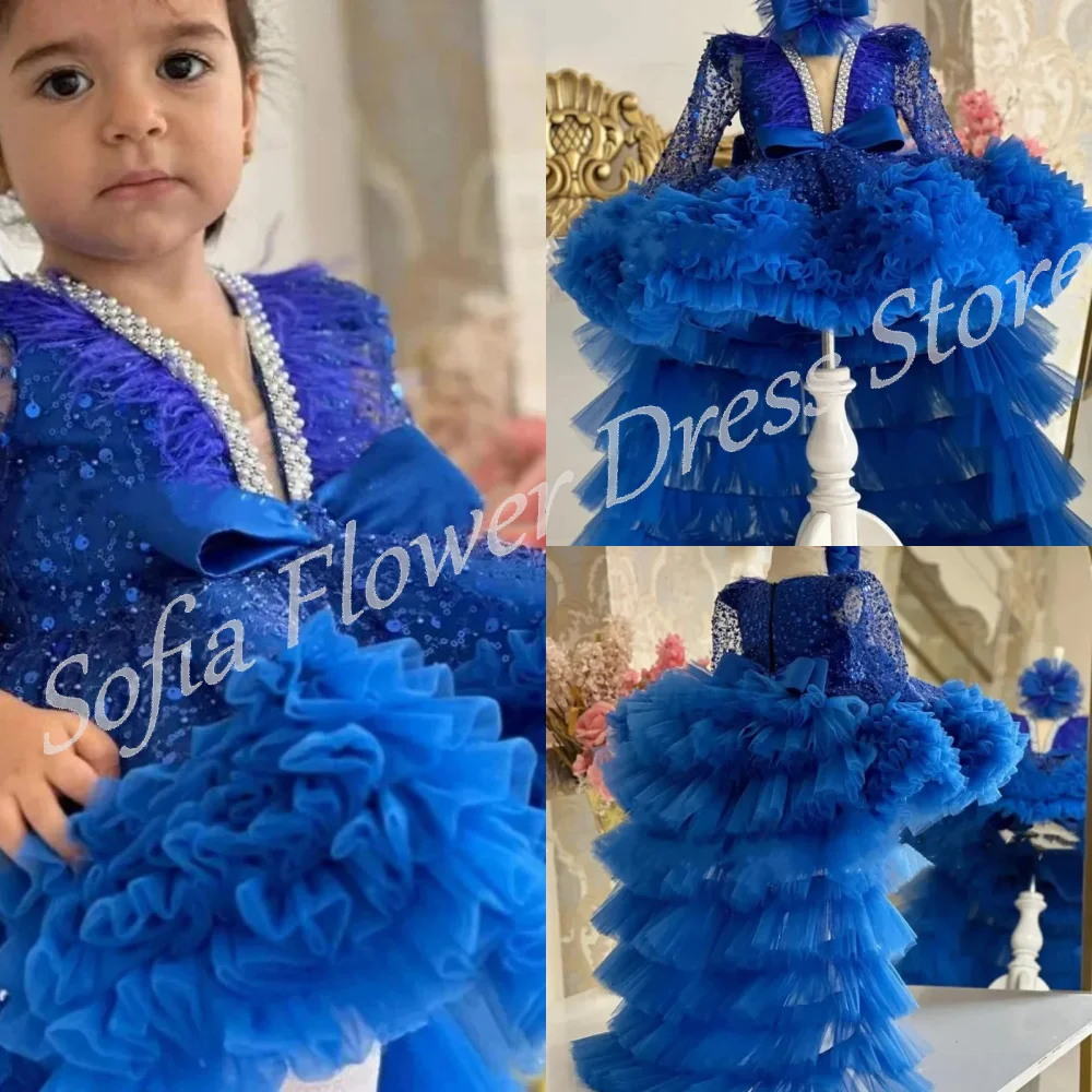 

Royal Blue Flower Girl Dress for Wedding Full Sleeves Sequins Sparkling Kids Birthday Party First Communion Gowns Customized