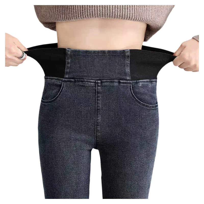 Plus Size Fleece-lined High Waist Jeans Women 2024 Autumn and Winter New Plus size Chubby Girl Elastic Waist Slim fit Skinny ...