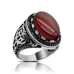 925 Sterling Silver Mens Ring Black Red Agate Oval Stone Handmade Vintage Hand Ring Jewelry