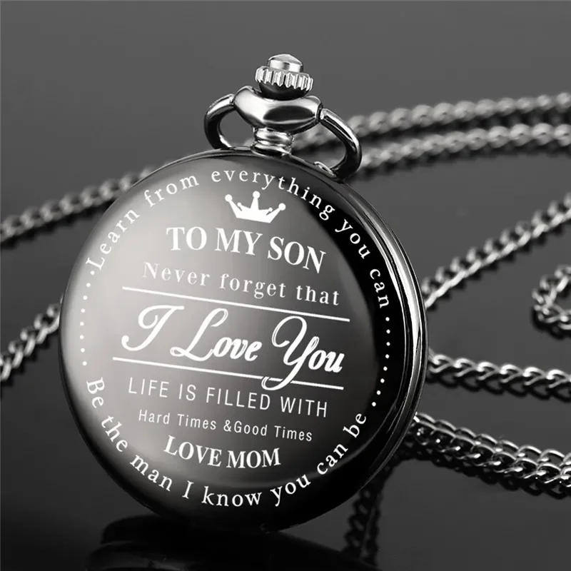 Antique Pocket Watch with To My Son I Love You Words Design Black Color Retro Quartz Analog Watches Necklace Chain Roman Number