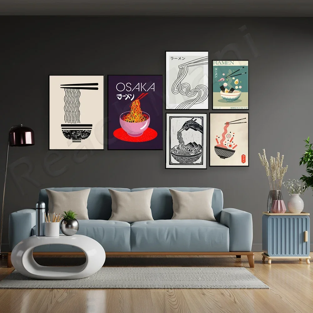 Japanese Food Wall Art Prints Funny Linear Ramen Noodles Poster Kitchen Art Canvas Painting Pictures for Living Room Home Decor
