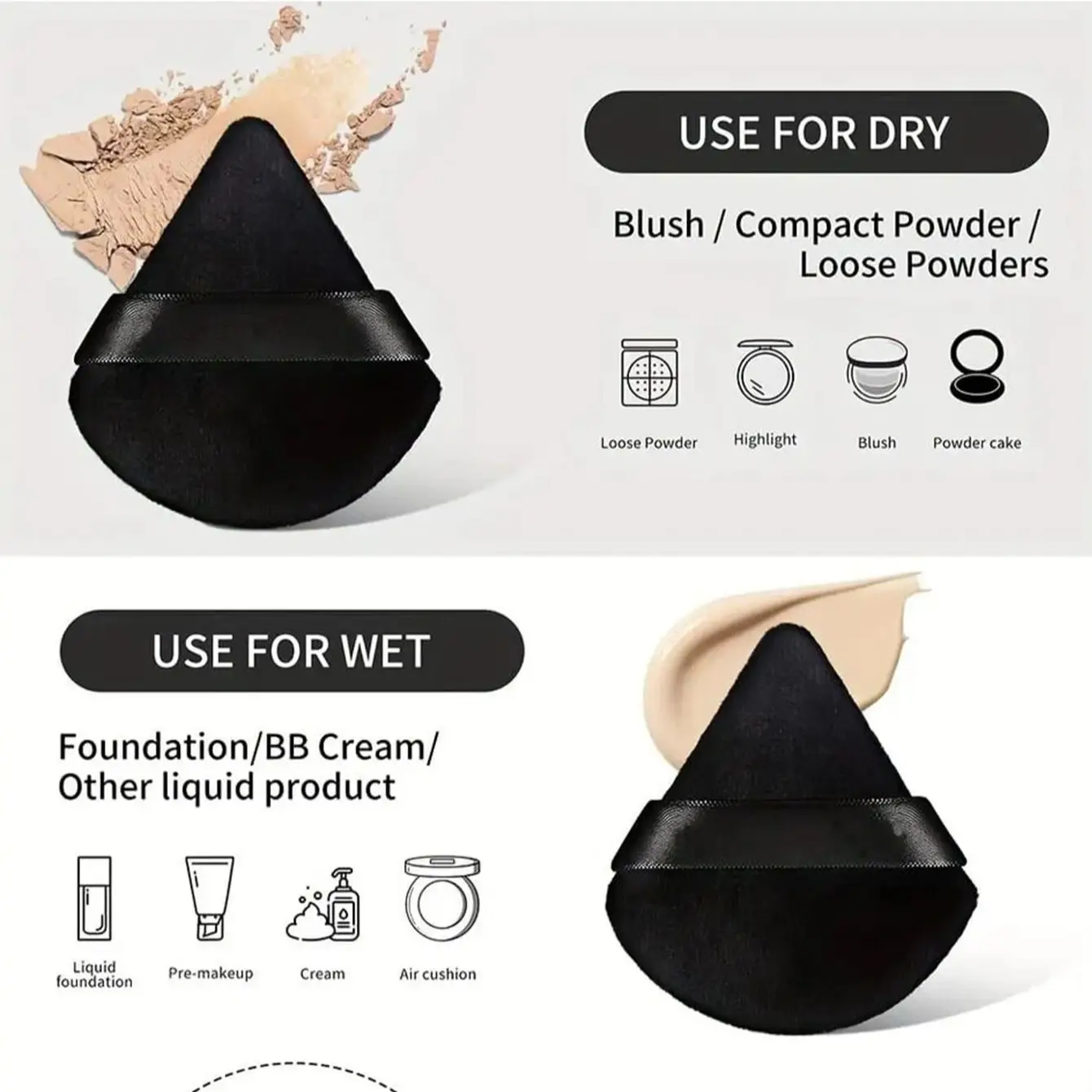 5Pcs Black Triangle Powder Puff For Loose Powder Liquid Cosmetic Soft Plush Powder Puff Makeup Foundation Puff Makeup Tool