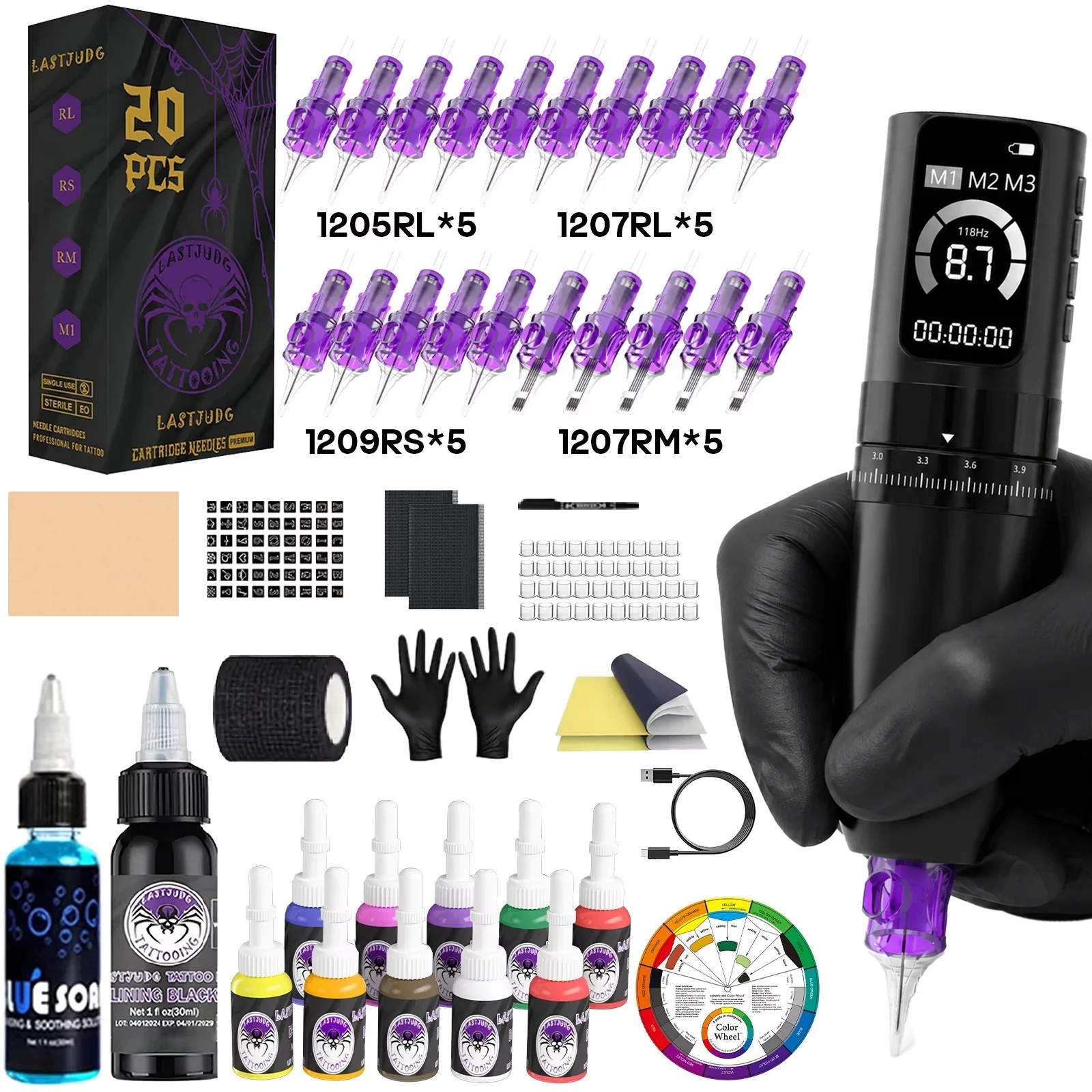 LASTJUDG Tattoo Kit Three Modes Tattoo Pen Adjustable Handle Tattoo Machine Tattoo Machine Gun Full Kit Suitable for Beginners