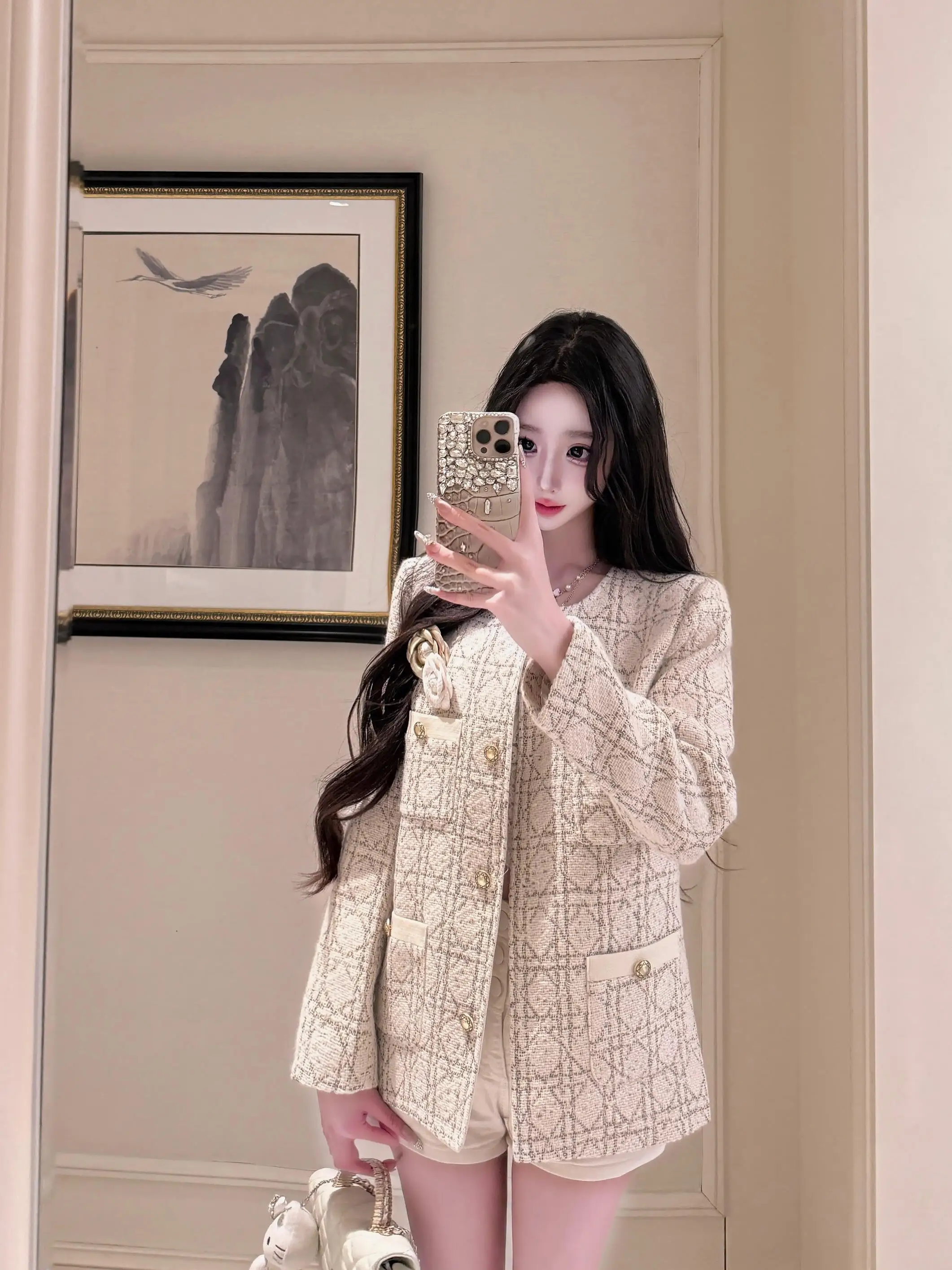 Elegant Medium-Length Tweed Jacket Women's Fashion Luxury Style Diamond Pattern Double-Breasted Spring Autumn Outerwear