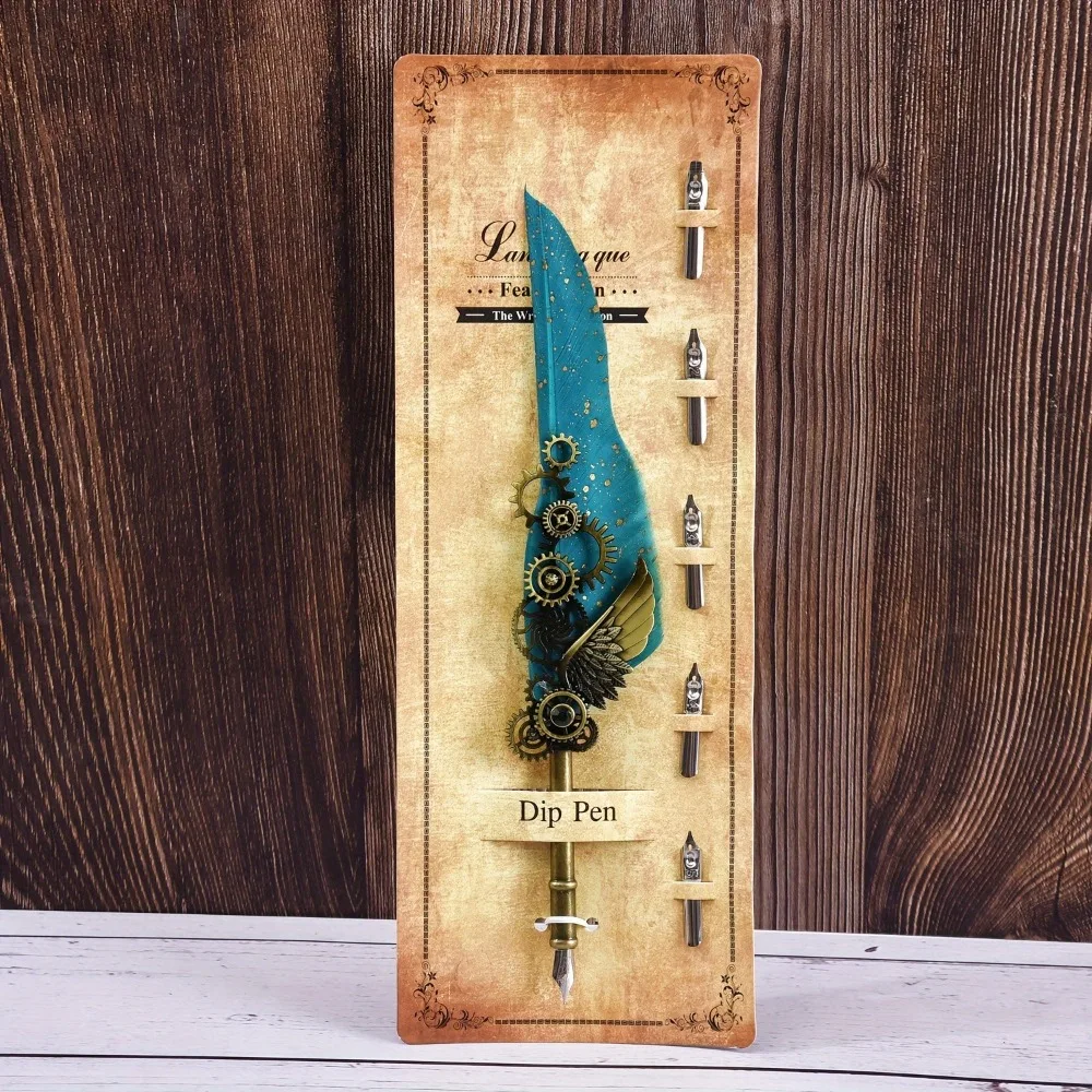 

Retro Punk Dipped in Water Pen Replaceable 5 Nib Vintage Luxury Metal Signature Pen Fountain Pen Machine Feather Pen