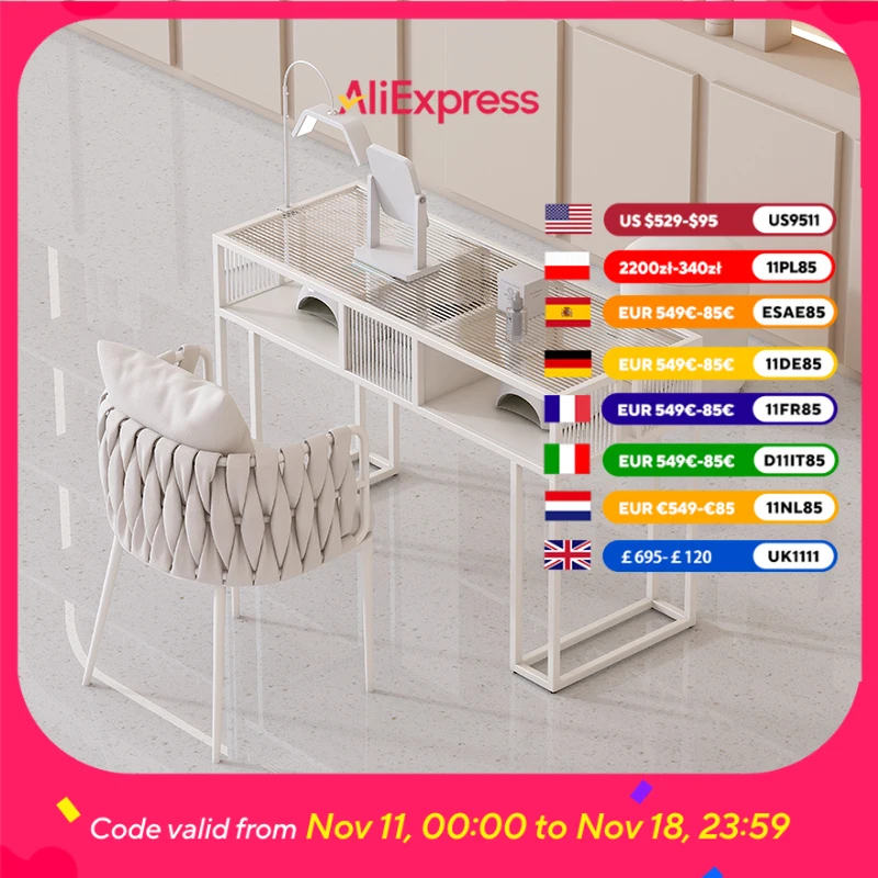 

Glass Top Nail Table Professional Fancy Modern White Beauty Nail Desk Salon Design Luxury Stolik Do Manicure Furniture Salon