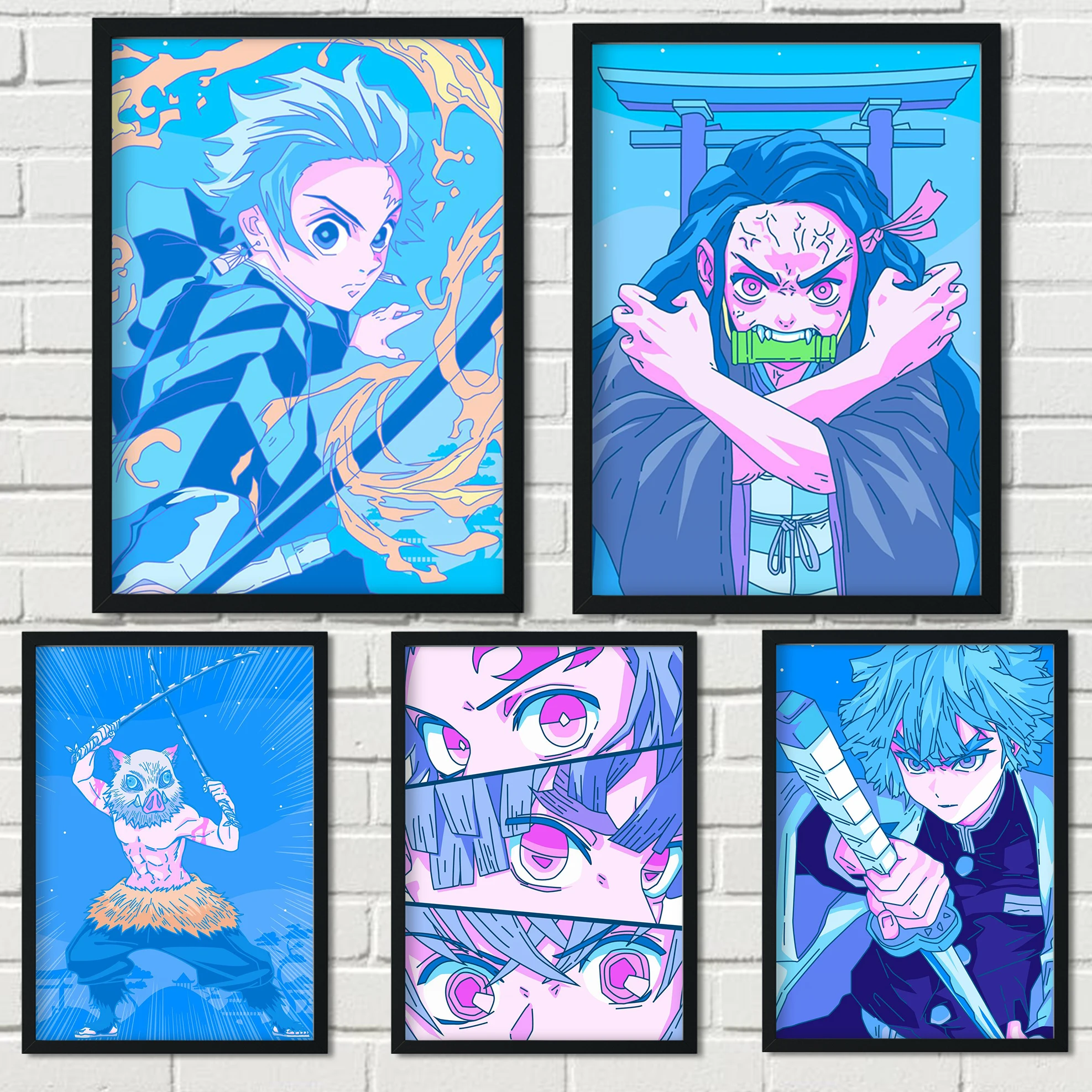 Anime Figure Demon Slayer Poster Nezuko Mitsuri Eyes Neon SynthWave Canvas Painting Decoration Wall Art Kawaii Room Decor GIfts