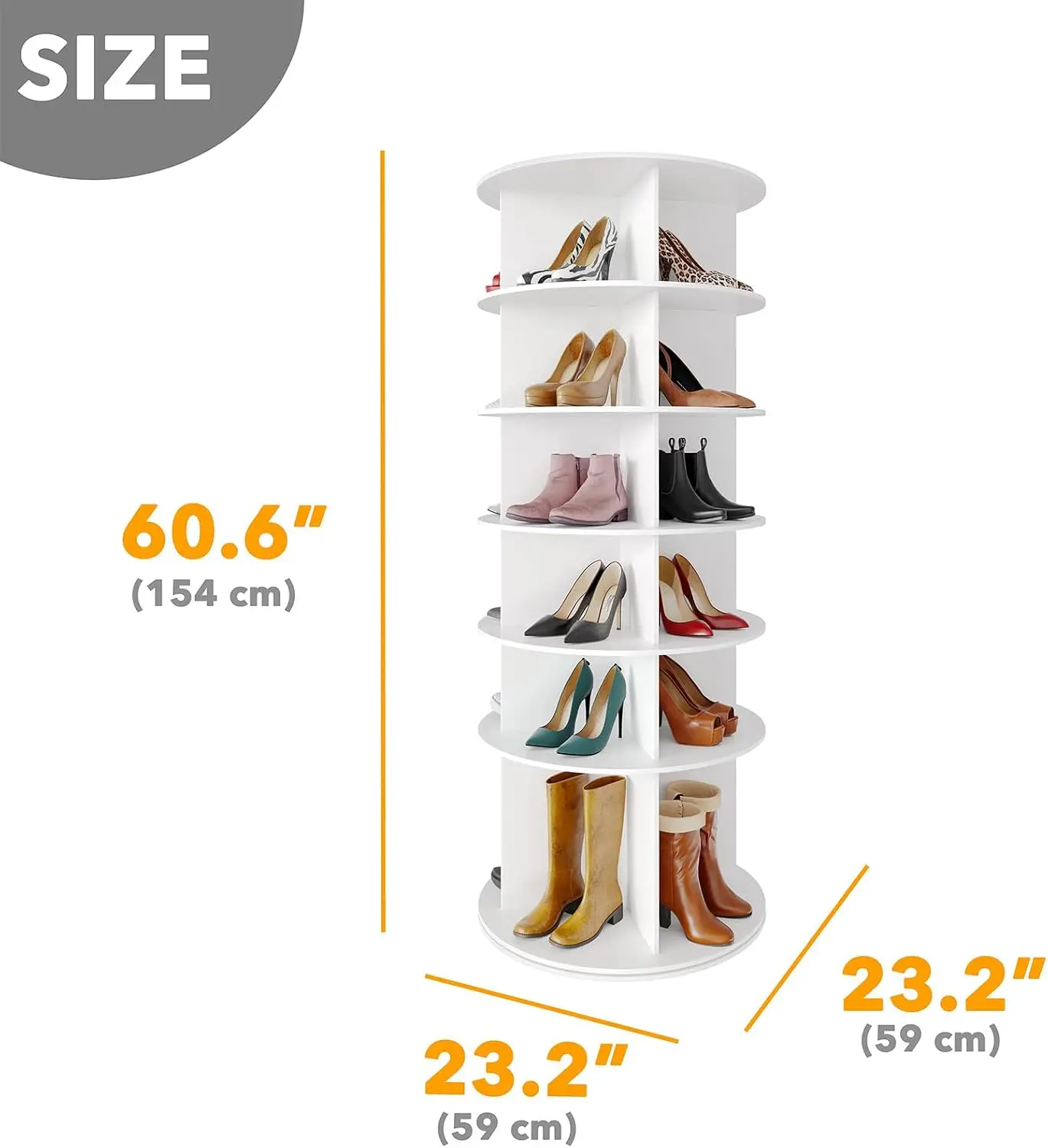 Rotating Shoe Rack 6 Tier Organizer, High Bottom Design Shoe Tower Spinning Storage Lazy Susan, Revolving Rack 360, Closet
