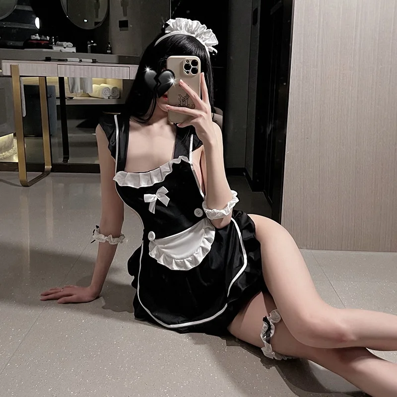 Woman Sexy French Maid Apron Black With Pockets Chef Uniform Temptation Pajamas Couple Sex Suit Nightdress Pinafore Bib Home