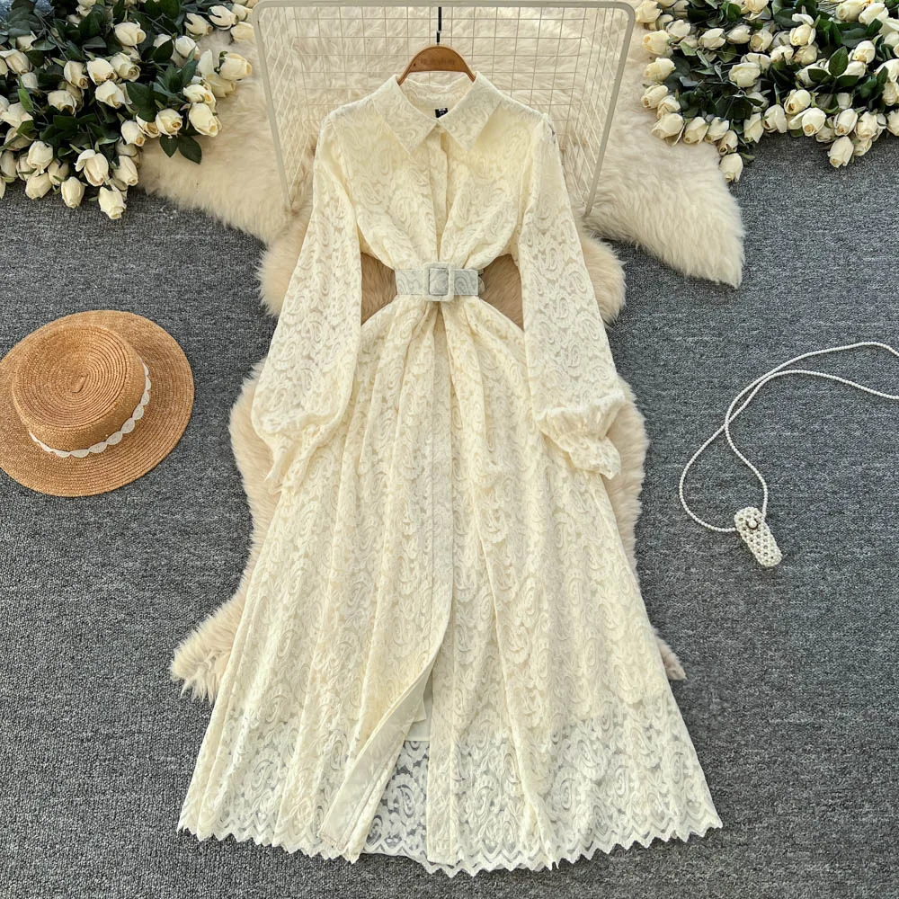 

Women Lace Belted Dresses A Line Solid Dress Ankle Lenth Single Breasted Waist Cinch Loose Fit Casual Elegant 2025 Spring Autumn