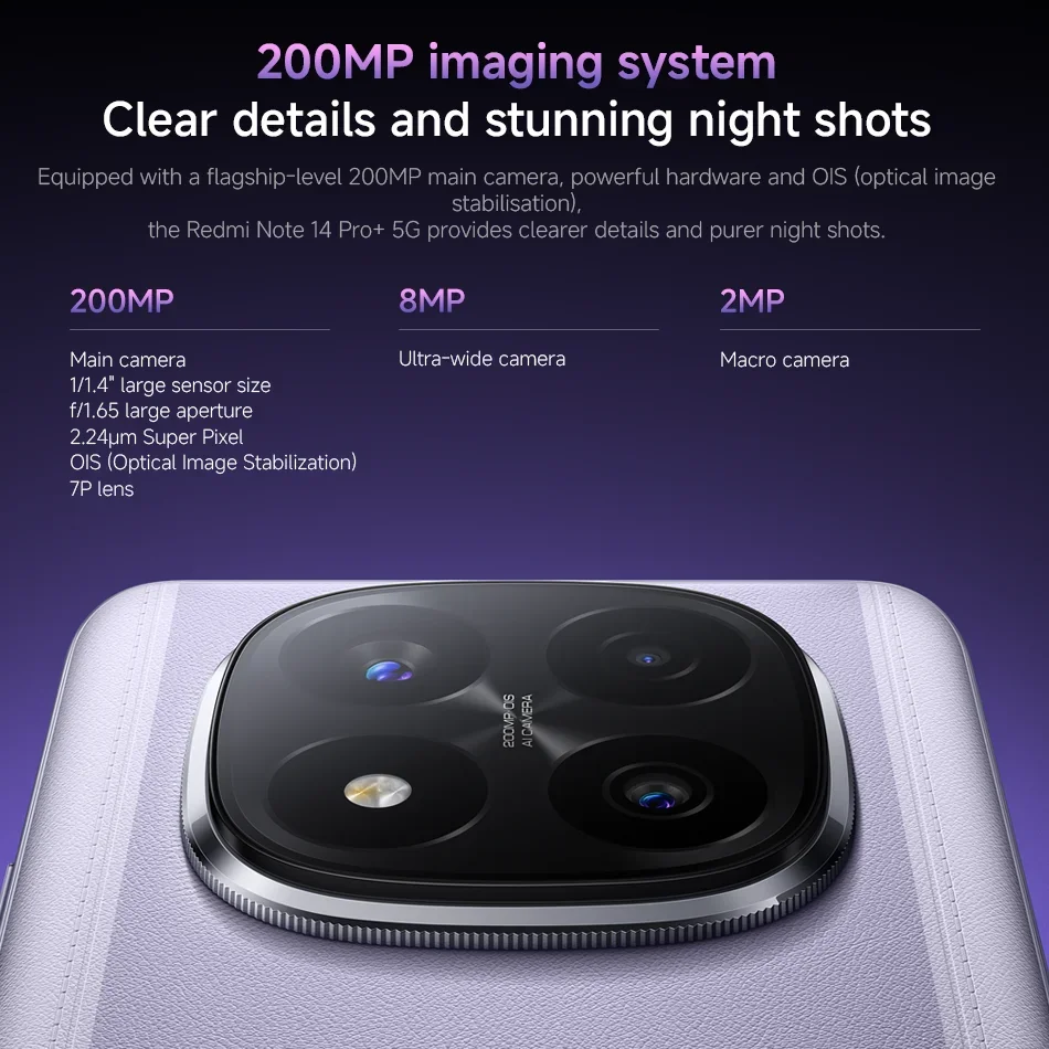 هاتف محمول Xiaomi Redmi Note 14 Pro+ Plus 5G الإصدار العالمي 200MP AI كاميرا Snapdragon 7s Gen 3 120W HyperCharge 1.5K 120 هرتز IP68