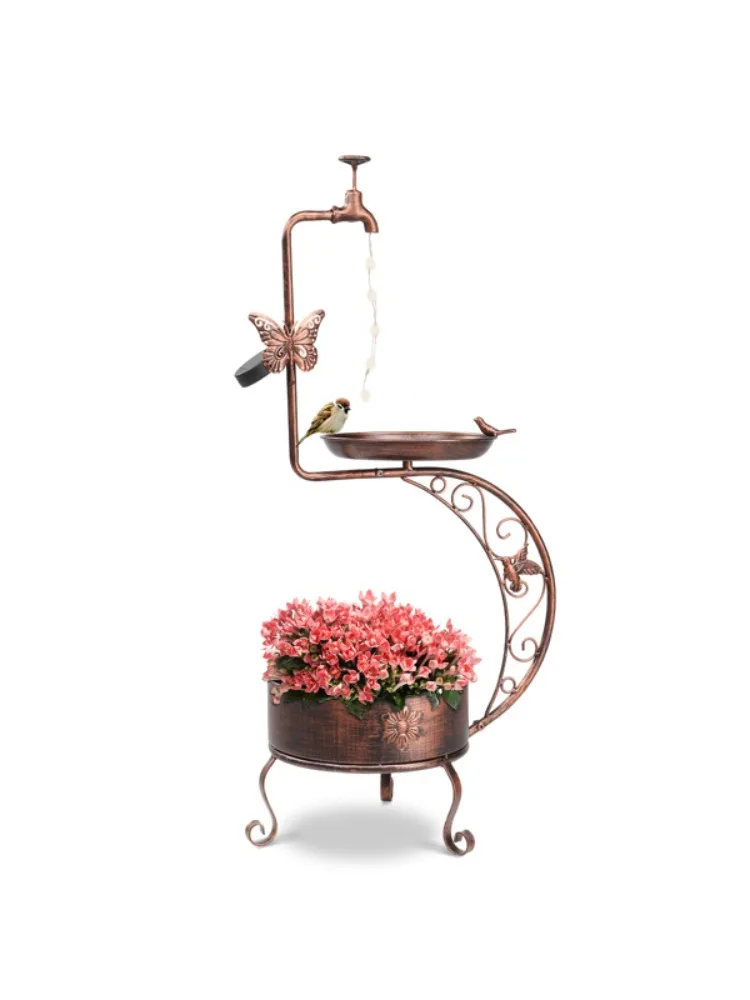 Outdoor Bird Bath, Vintage Metal Garden Bird Bath with Solar Light and Planter Base, Stand Up Bird Feeder