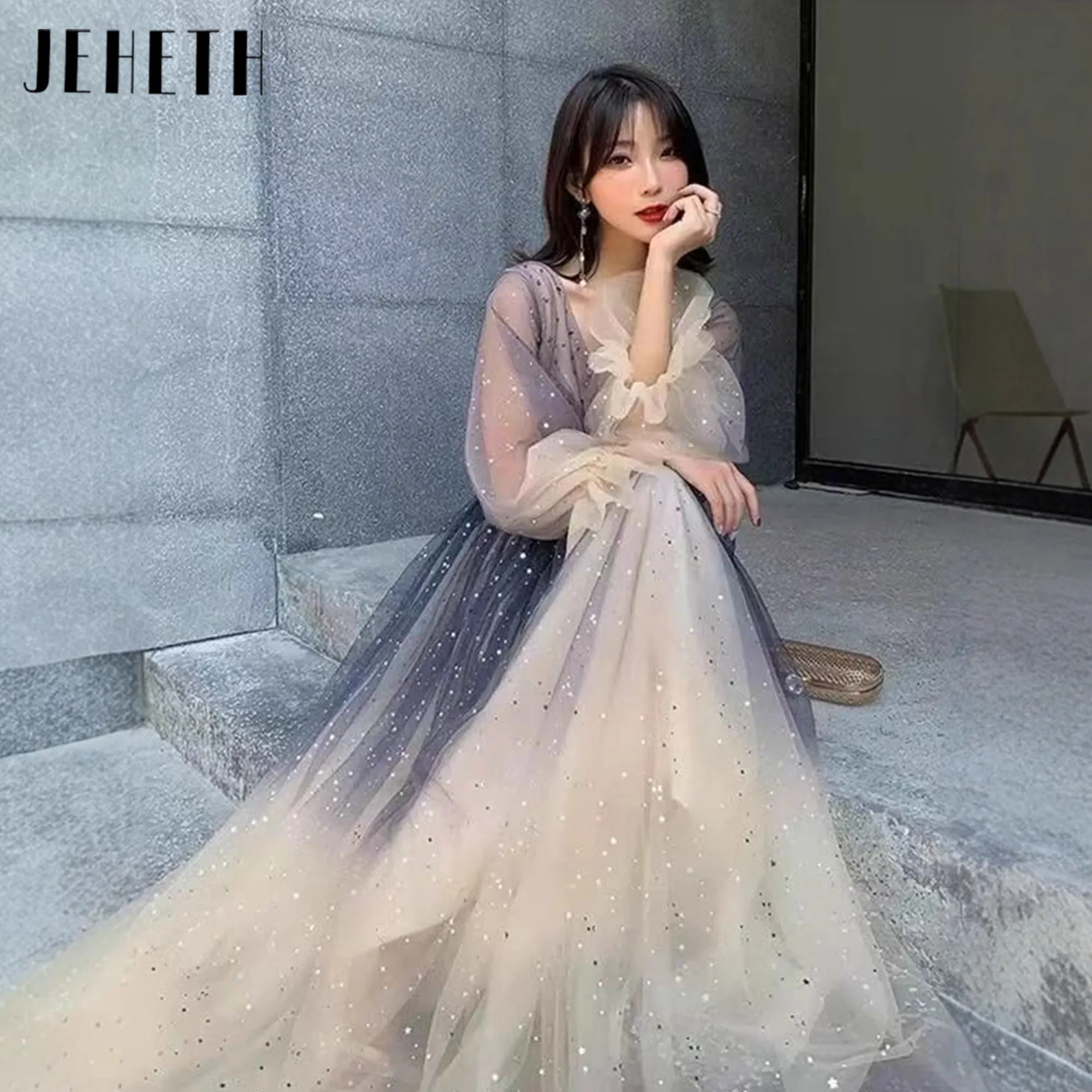 Shimmering Gradient Evening Gown Long Sleeves Double V-neck A line Floor Length Evening Dress For Women French Cocktail Dress
