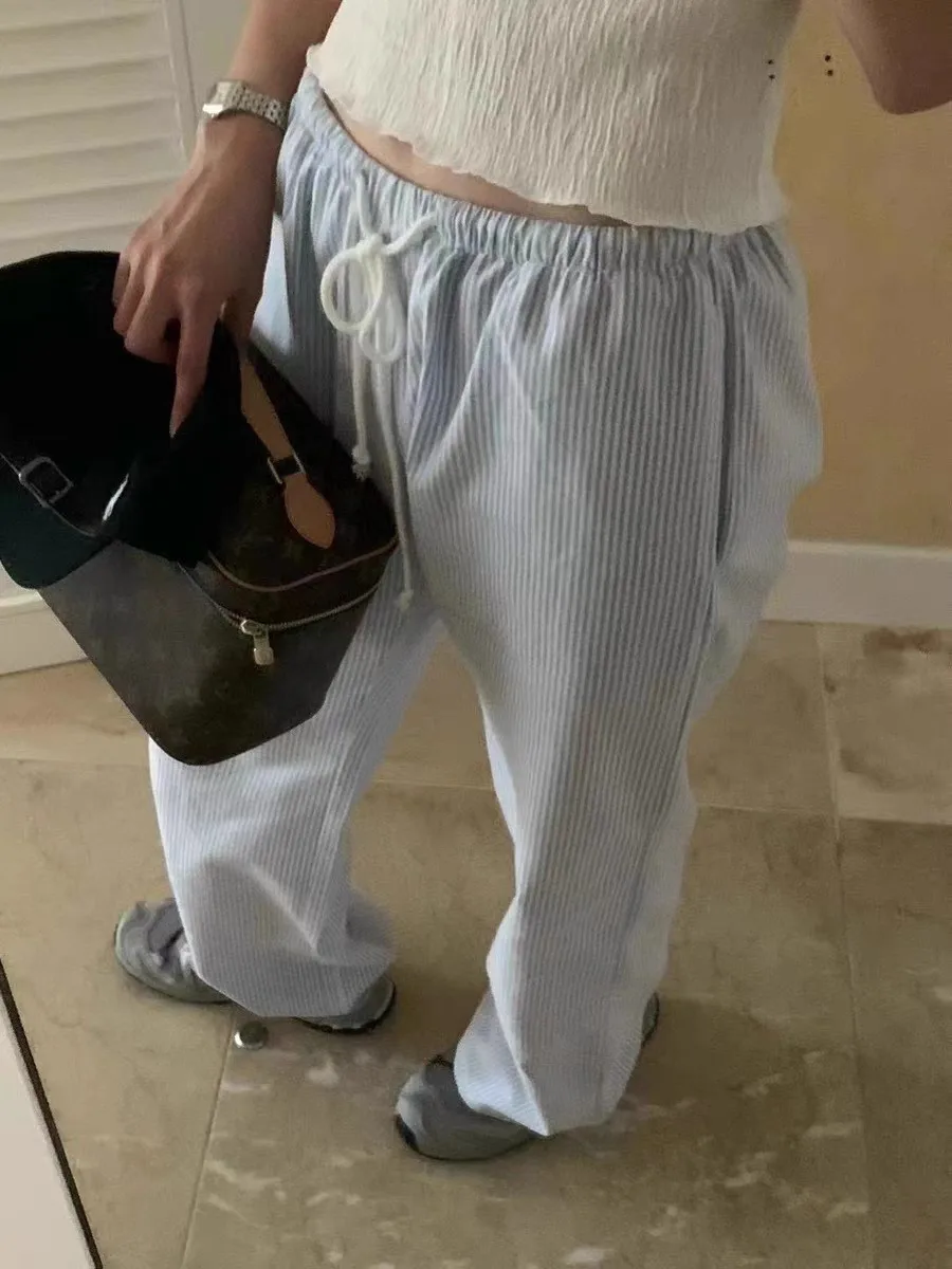 

Blue Striped Drawstring Straight Sweatpants Women New Casual High Waist Trousers Streetwear Vintage Sweet Sport Long Pants Y2K