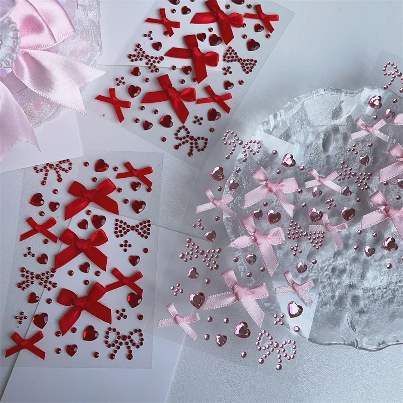 DIY Decor Kpop Photocard Sticker 3D Stereo Bow Heart Style Scrapbook Journal Stuicker Cute Pink Red Color Phone Shell Sticker - Image 2