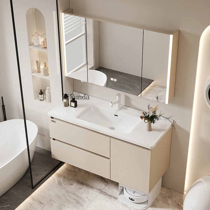 Armário de lavatório de mão integrado de cerâmica combinado banheiro lavatório armários de banheiro conjuntos de vaidade