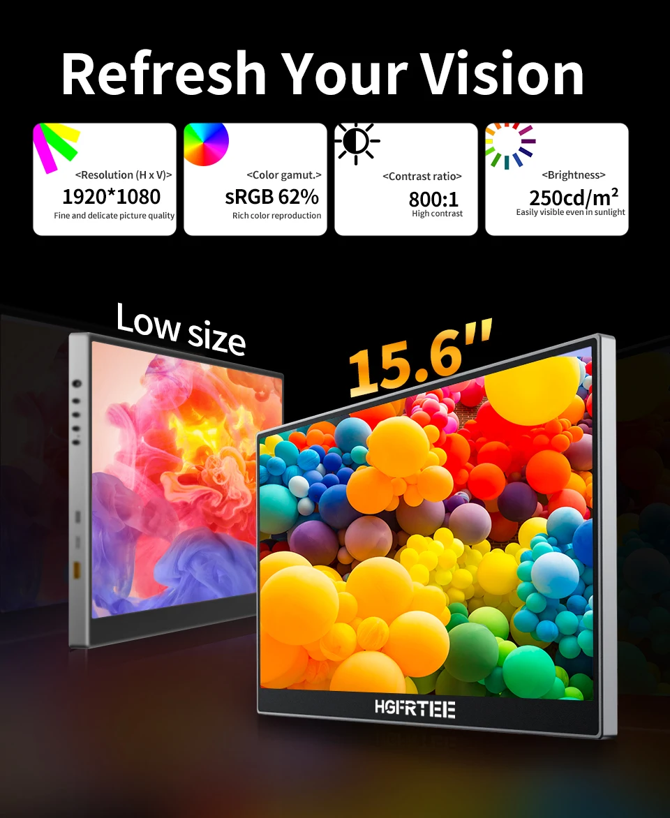 HGFRTEE 15,6 Zoll tragbarer Monitor, 60 Hz, 1080p, mit HDMI, USB-C, Gaming-Bildschirm, erweiterter Bildschirm für PC, Laptop, Mac, Switch, Xbox, PS4/5 – Detail 2