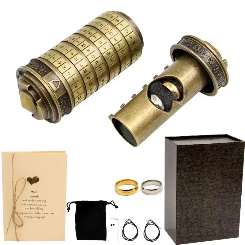 Da Vinci Password Lock and Gift Box Cylinder Retro Password Puzzle Hidden Compartment Couple Ring Valentine's Day/birthday Gift