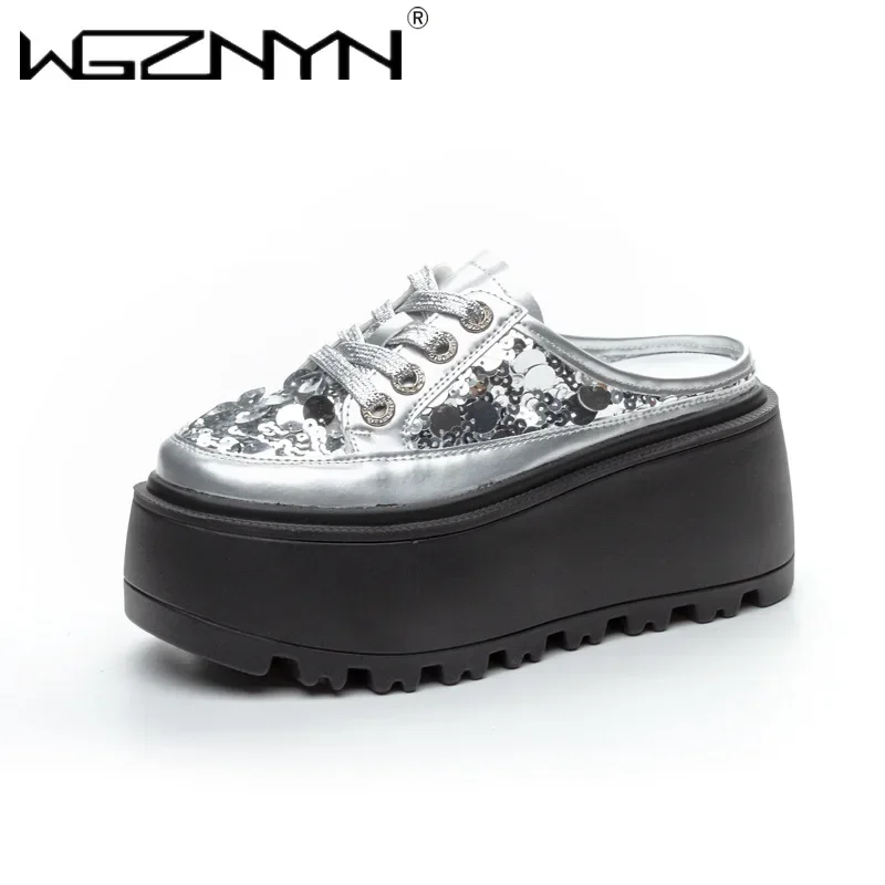 NEW 8cm High Glitter Fashion Casual Platform Wedge Slippers Summer Air Mesh Patent Microfiber Leather Women Bling Sandals Shoes