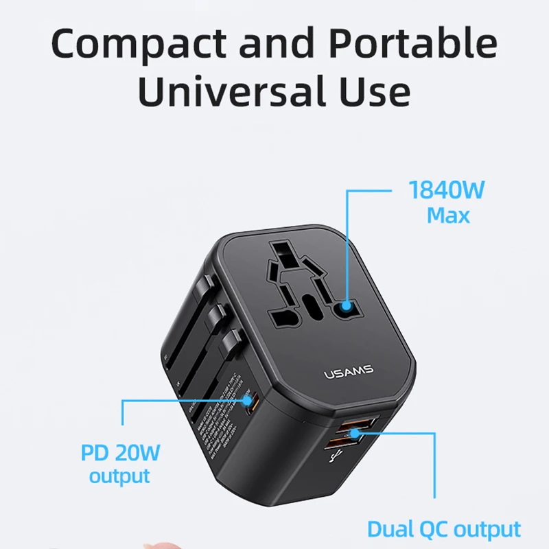 USAMS PD 20W Universal Travel Charger With USB +Type-C Fast Charging Worldwide Wall Charger Adapter for EU US UK AU Plug 2 Ports