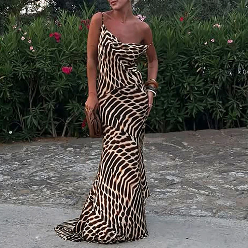 BKLD Onregelmatige Holle Afdrukken Zomer Maxi Jurk Voor Vrouwen Skew Kraag Mouwloos Backless Schede Zonnejurk Vakantie Strand Outfit