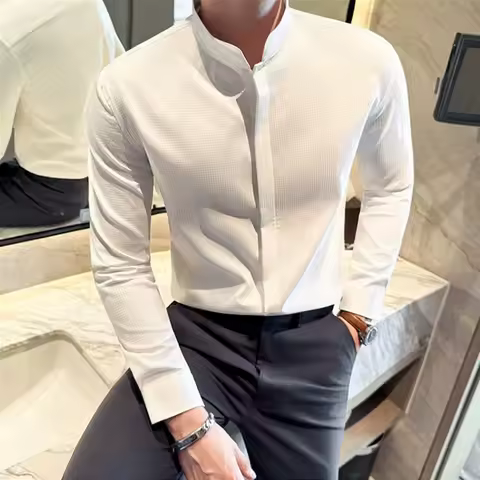 New Chinese Style Standing Collar Hidden Button Shirts Fashion Men's Grid Pattern Long-sleeved Slim Fit Casual Business Shirt